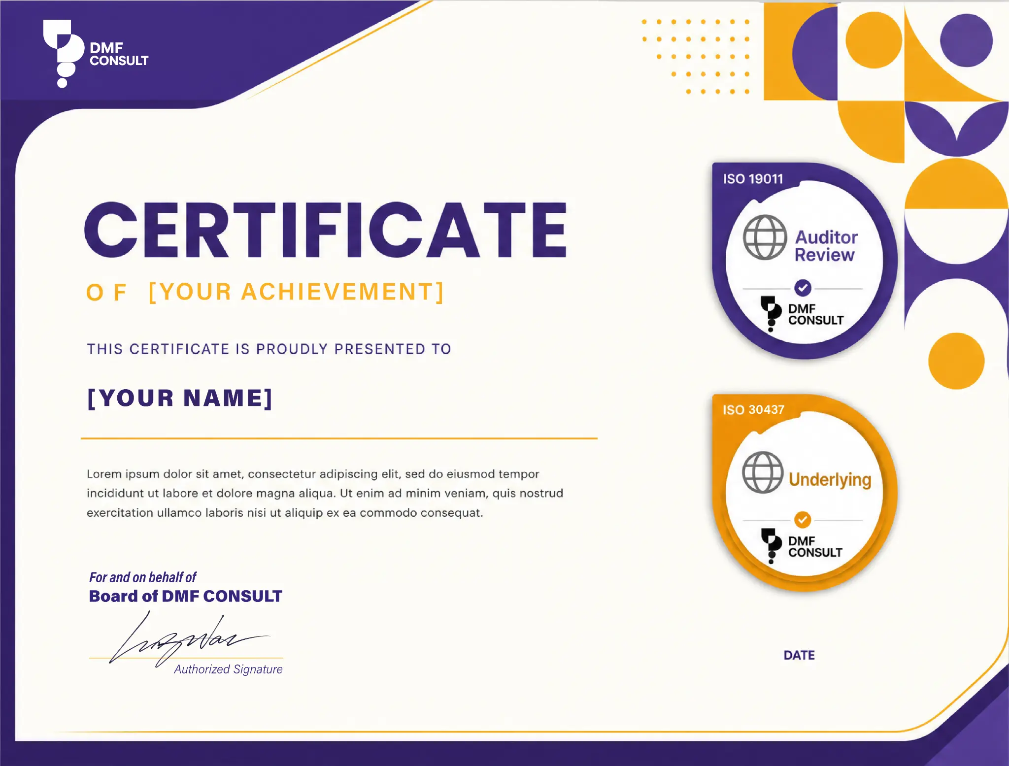 DMF Consult Certificate of Accreditation — sample